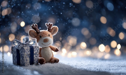 Wallpaper Mural A stuffed reindeer is sitting on the snow next to a gift box Torontodigital.ca