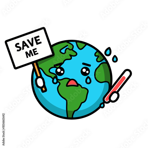 Sad Earth Planet Crying Holding Save Me Sign Next to Thermometer Minimalist Flat Vector Art Clean Sticker Style