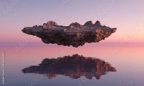 A rock is floating in the air above the water