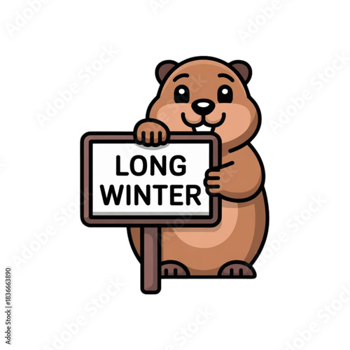 Cute cartoon groundhog character holding a sign predicting a long winter season.
