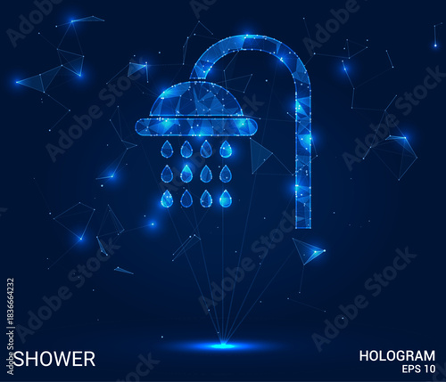 Hologram shower. The shower is made of polygons, triangles, dots and lines. The shower is a low poly connection structure. Technology, concept, vector. Shower outline in blue ambience.