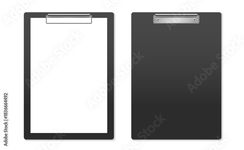 Realistic clipboard mockup with paper sheet and without. Paper on black board with holder for document, office, presentation. Vector illustration