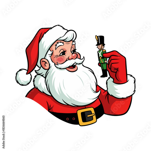 Vintage Santa Claus with Toy Soldier - Retro Cartoon Vector Illustration
