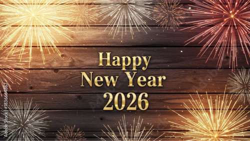 Happy New Year 2026 written above fireworks on wooden panel background, a vibrant and festive design for a celebratory greeting. vector illustration