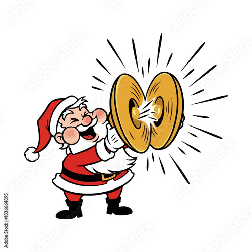 Vintage Santa Claus Cartoon Crashing Cymbals, Retro 1950s Animation Style Illustration