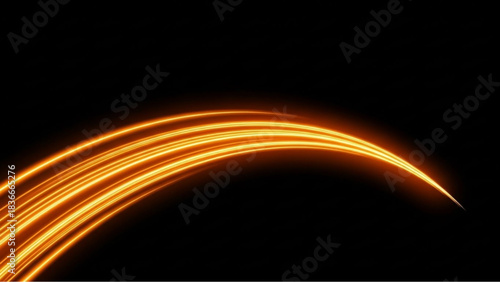 Abstract orange light streaks gracefully arc across a stark black expanse, creating a visually striking display of motion and energy, evoking speed, and technological advancement. vector illustration