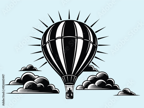 Hot air balloon vector illustration with sun and clouds