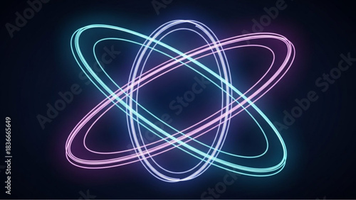 A mesmerizing neon light trails depicts a series of intersecting orbits, offering a modern interpretation of the universe.  vector illustration