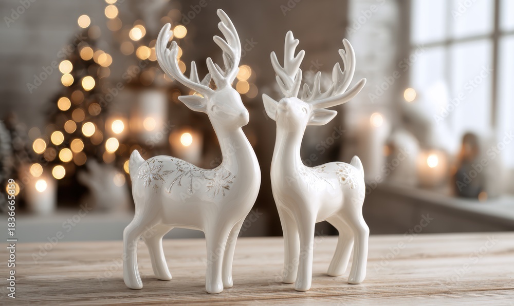 Fototapeta premium Two white deer figurines are standing next to each other on a wooden table