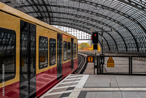 Berlin overground metro train on a rainy day