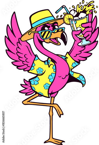 This cool flamingo is living its best summer life — dressed in bold, breezy clothes, sunglasses on, and a fruity drink in its wing. Vacation mode: ON.