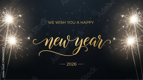 A sparkling display of fireworks illuminate the night sky with a message of Happy New Year. vector illustration