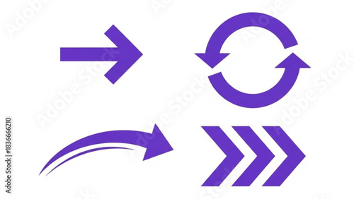 A collection of four vibrant purple arrows showcasing a range of directional concepts. vector illustration