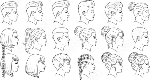 man woman profile line art head, hairstyle, men, women outline collection, variety line art. features 27 unique hairstyles, male and female head silhouettes, showcasing various hairstyles, side view