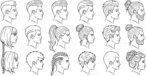 man woman profile line art head, hairstyle, men, women outline collection, variety line art. features 27 unique hairstyles, male and female head silhouettes, showcasing various hairstyles, side view