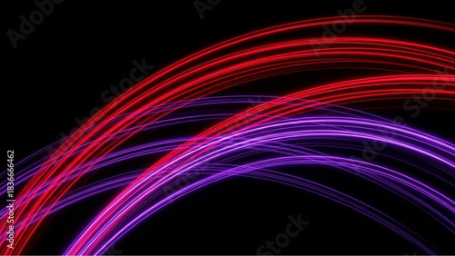 Dynamic light trails weave across the deep black backdrop, creating a captivating visual effect with flowing red and purple energy. Capturing an essence of movement. vector illustration