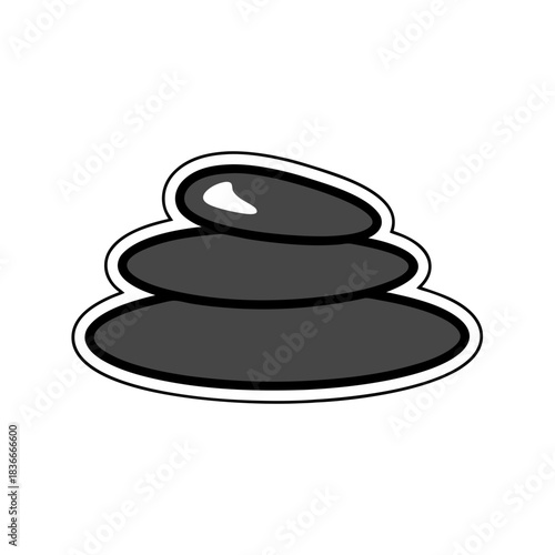 Stacked smooth dark grey balanced stones against a black background with a white outline symbolizing zen spa and wellness