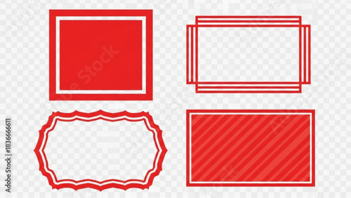 A collection of red rectangle frames with varied designs, from simple to ornate, perfect for graphic design elements and adding visual appeal.  vector illustration