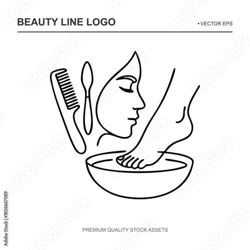 A set of fully editable vector icons in continuous line style including a woman profile hair comb cosmetic spatula and a foot in a pedicure bowl. Perfect for creating scalable signage price lists and