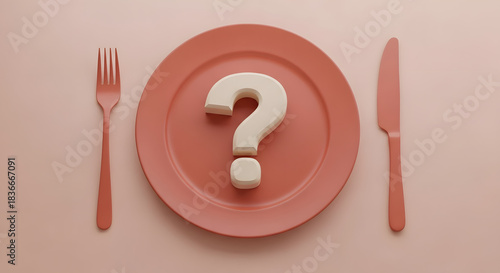 Question mark lying on a plate with knife and fork on the side