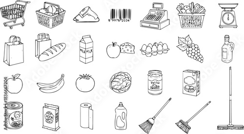 Black and White Line Art Vector Icon Set: Supermarket Grocery Store Food Products, Shopping Cart, Cash Register, and Household Cleaning Items for Retail Industry