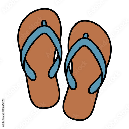 A pair of brown flip-flop sandals with blue straps are shown on a white background.