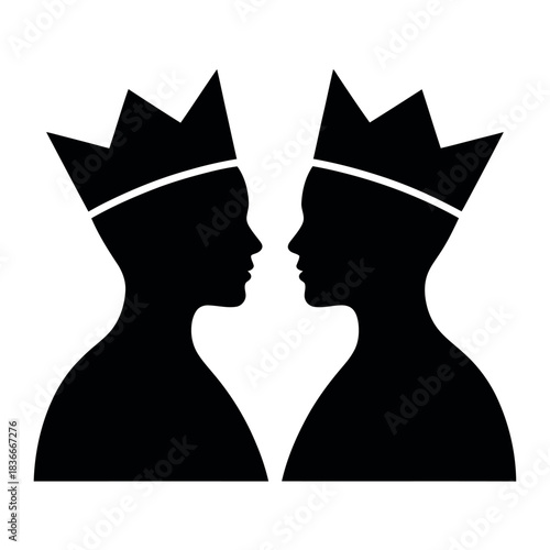 Two silhouetted figures with crowns facing each other in a symbolic representation of royalty or leadership.