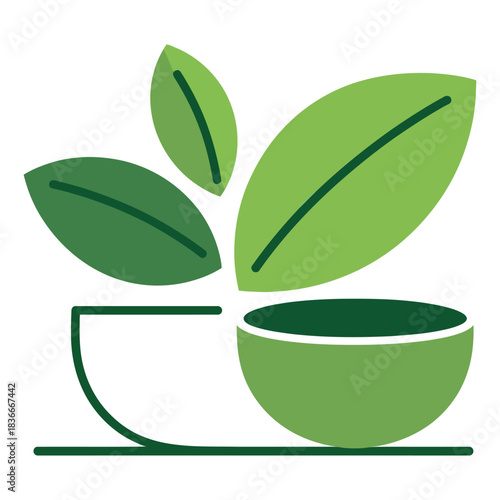 A stylized illustration of a cup with green leaves emerging, representing natural beverages or growth.