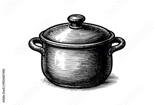 A detailed engraving depicts a lidded cooking pot with side handles — stock illustration.