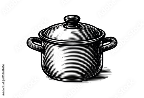 An engraved drawing depicts a classic cooking pot with a lid and handles in a retro style — stock illustration.