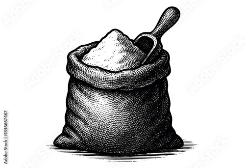 An etched burlap sack filled with sugar sits alongside a wooden scoop — stock illustration.