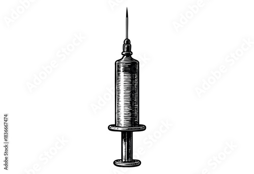 A retro-style syringe with needle, rendered in a black and white woodcut style — stock illustration.