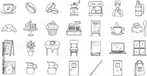 Coffee Shop Cafe Elements Hand-drawn Line Art Vector Icon Set. Outline Black and White Food  Drink, Barista, Equipment, and Interior Doodle Icons for Restaurants.