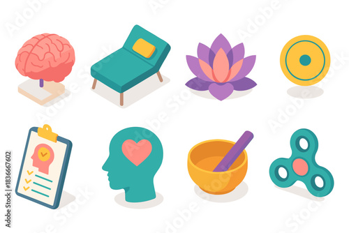 Wellness icons: brain, chair, lotus, target, checklist, head, bowl, spinner