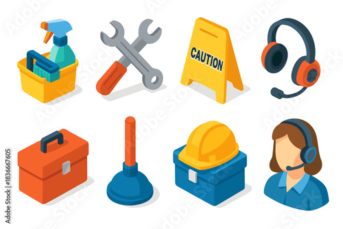 Cartoon tools including caution sign, toolbox, headset, and plumbing gear icons