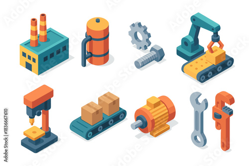 Isometric industrial equipment icons featuring factory, machinery, tools