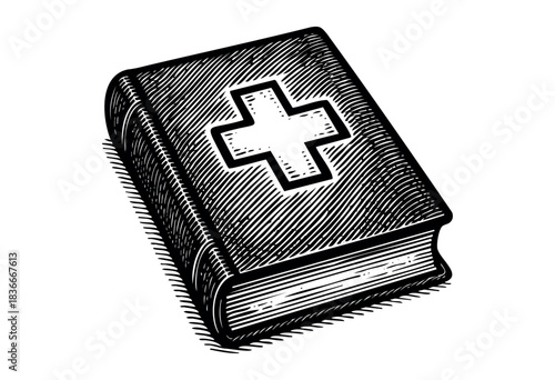 An engraving-style illustration of a closed book with a medical cross on the cover — stock illustration.