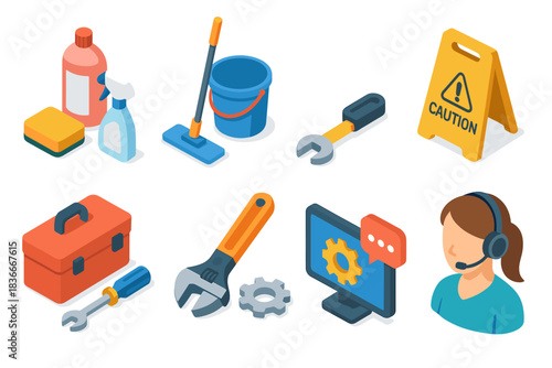 Cleaning and maintenance tools with customer service support graphic