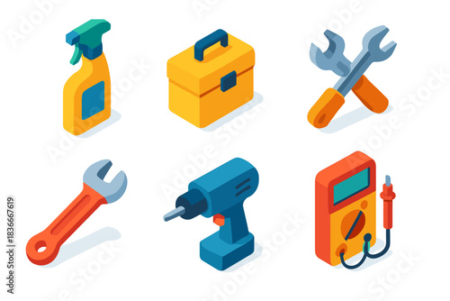 Isometric tool set: spray bottle, toolbox, wrenches, drill, multimeter