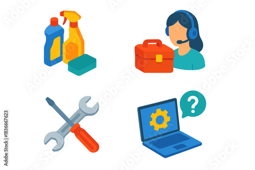 Tools and support icons: cleaning supplies, toolkit, customer service, repair