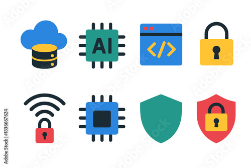 Technology icons featuring ai, cloud storage, coding, and security elements