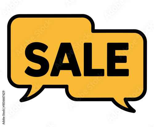A bold yellow speech bubble graphic announces a sale with bold black lettering.