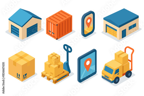 Isometric warehouse and logistics icons: storage, delivery, packages, shipping, distribution