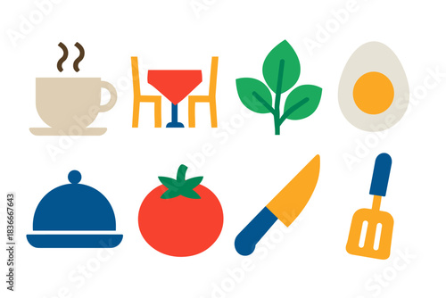 Colorful food and kitchen icons including coffee, table, and vegetables