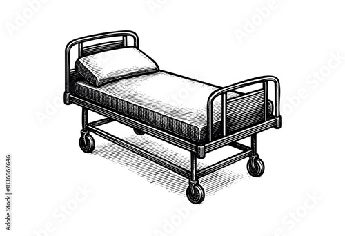 A vintage-style engraving features a hospital bed on wheels with a mattress and pillow — stock illustration.
