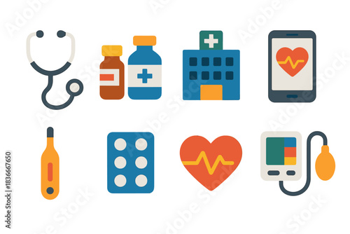 Medical equipment and healthcare icons featuring stethoscope and heart monitor