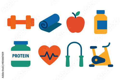 Fitness icons: dumbbell, yoga mat, apple, vitamins, protein, heart, jump rope, exercise bike