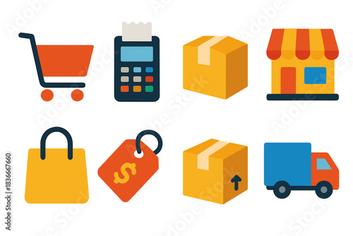 Shopping icons: cart, payment, package, storefront, bag, price tag, delivery truck