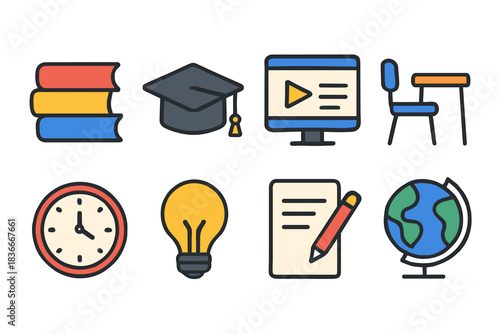 Colorful education icons: book, graduation cap, computer, desk, clock, lightbulb, paper, globe