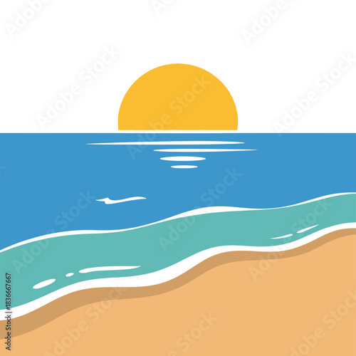 The golden sun sets over the serene ocean waves on the sandy beach.